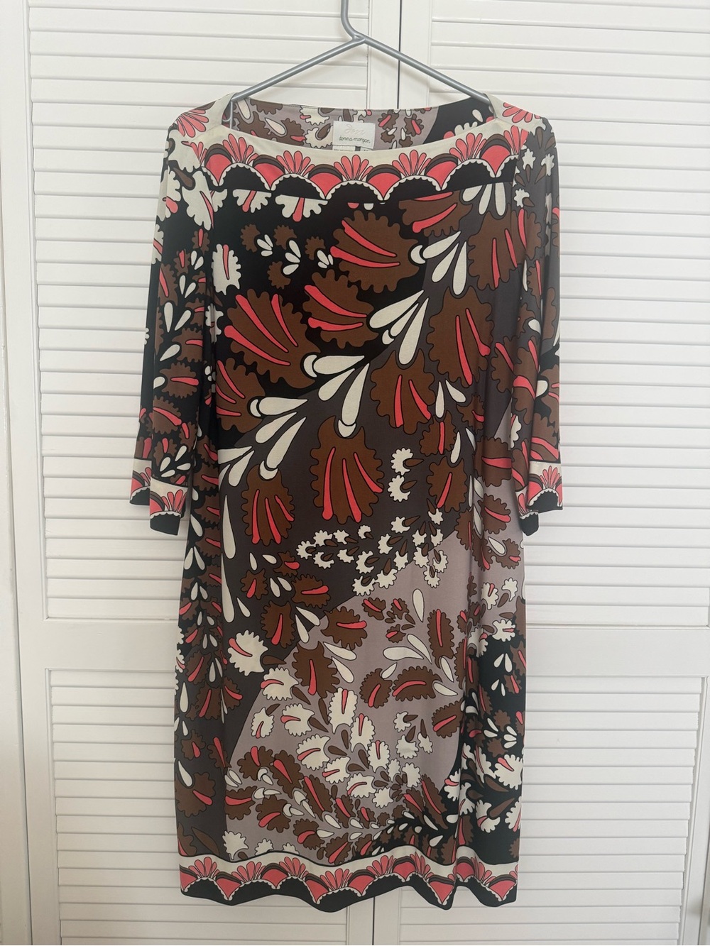 Donna Morgan Brown Floral Shift Dress with Orange & Cream Details